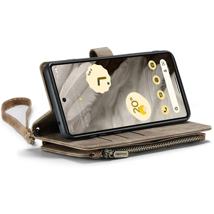 CASEME C30-Serie für Google Pixel 7a PU-Leder-Reißverschlusstasche Kartenfächer Ständer Handyhülle mit Riemen - Braun