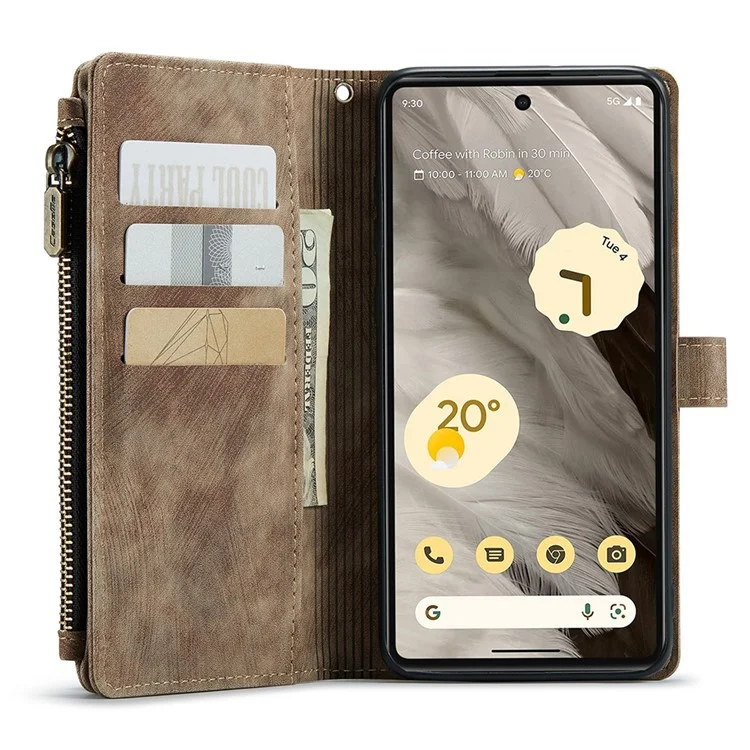 CASEME C30-Serie für Google Pixel 7a PU-Leder-Reißverschlusstasche Kartenfächer Ständer Handyhülle mit Riemen - Braun