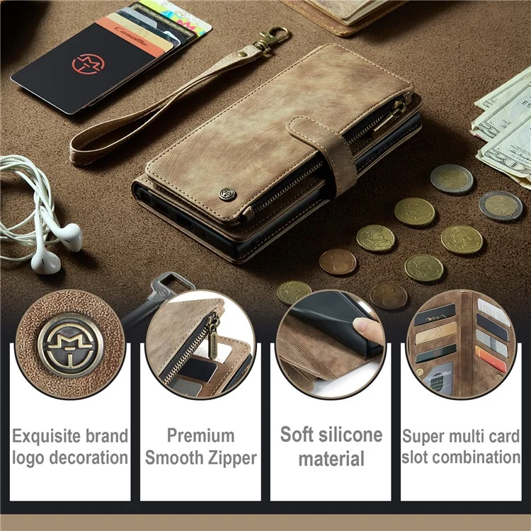 CASEME C30-Serie für Google Pixel 7a PU-Leder-Reißverschlusstasche Kartenfächer Ständer Handyhülle mit Riemen - Braun