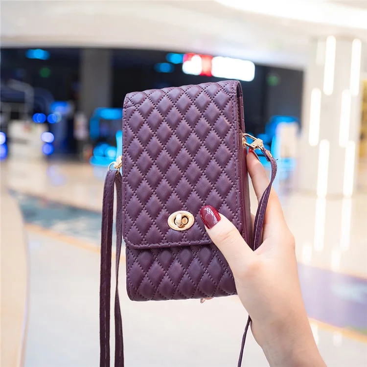 BFB01 Vertical Style PU Leather Shoulder Bag Wallet Coin Purse Pattern Imprinted Card Phone Pouch with Strap - Dark Purple