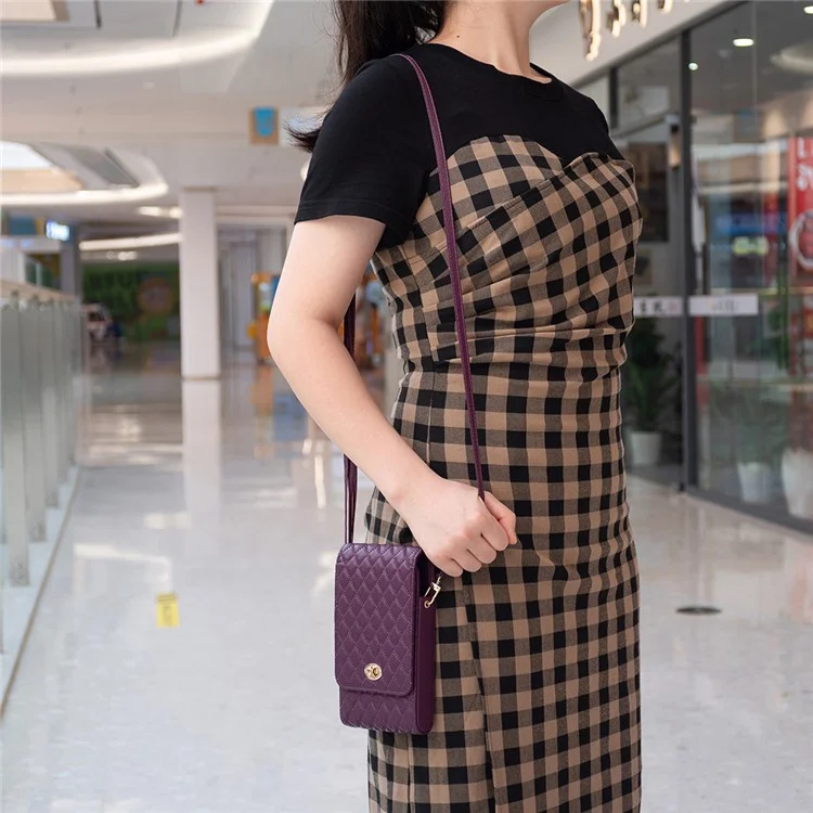 BFB01 Vertical Style PU Leather Shoulder Bag Wallet Coin Purse Pattern Imprinted Card Phone Pouch with Strap - Dark Purple