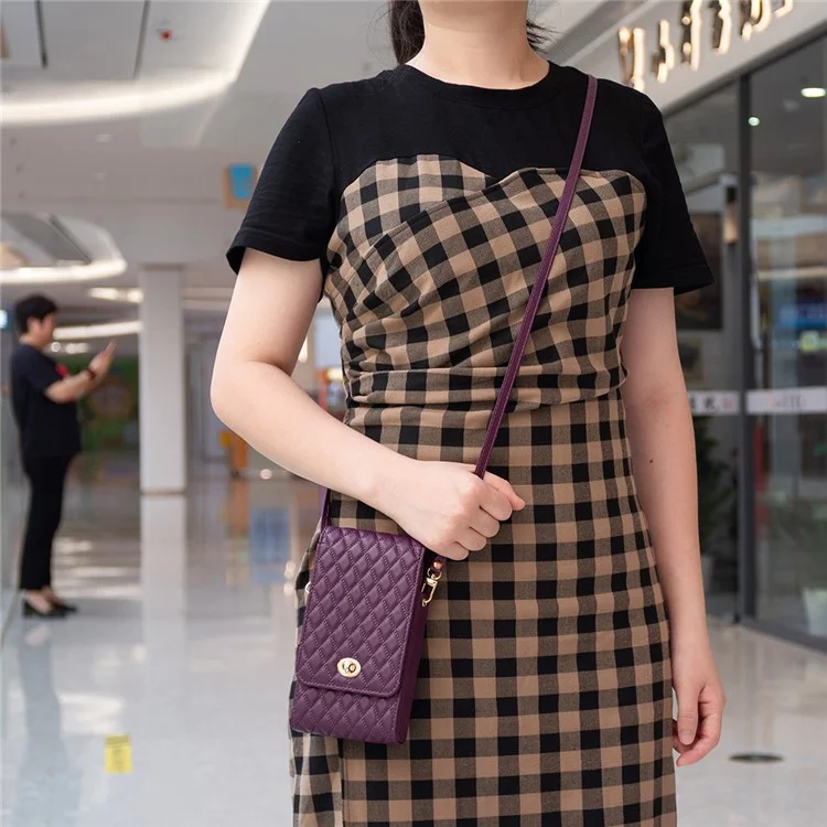BFB01 Vertical Style PU Leather Shoulder Bag Wallet Coin Purse Pattern Imprinted Card Phone Pouch with Strap - Dark Purple