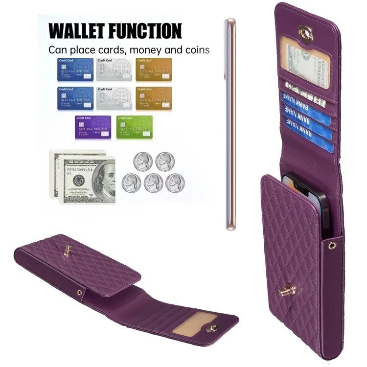 BFB01 Vertical Style PU Leather Shoulder Bag Wallet Coin Purse Pattern Imprinted Card Phone Pouch with Strap - Dark Purple