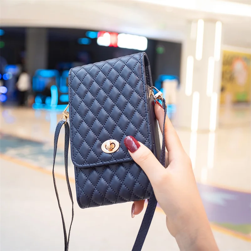 BFB01 Vertical Style PU Leather Shoulder Bag Wallet Coin Purse Pattern Imprinted Card Phone Pouch with Strap - Dark Blue
