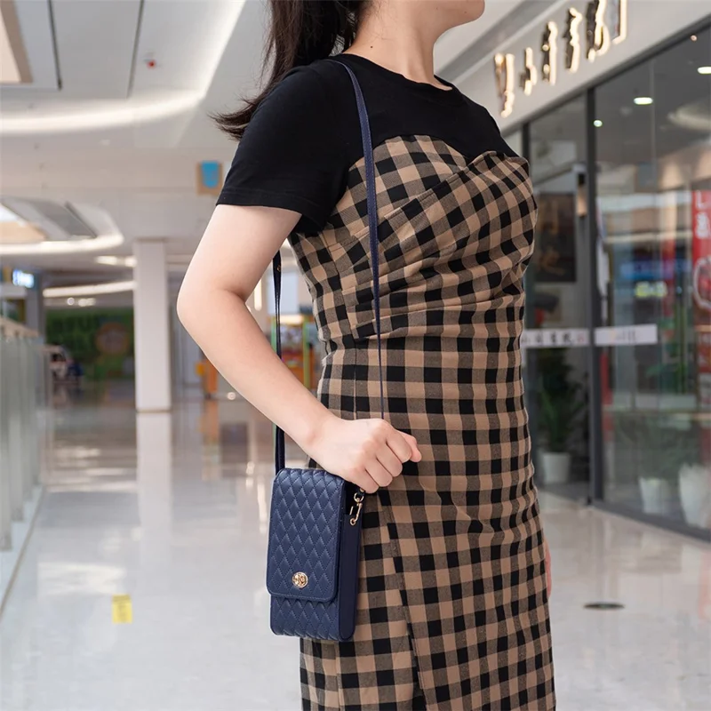 BFB01 Vertical Style PU Leather Shoulder Bag Wallet Coin Purse Pattern Imprinted Card Phone Pouch with Strap - Dark Blue