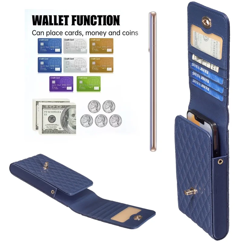 BFB01 Vertical Style PU Leather Shoulder Bag Wallet Coin Purse Pattern Imprinted Card Phone Pouch with Strap - Dark Blue