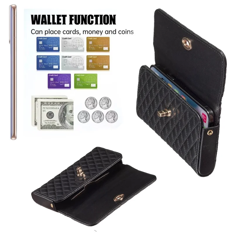 BFB02 Horizontal Style Pattern Imprinted PU Leather Wallet Phone Bag Card Coin Purse Cell Phone Shoulder Pouch with Strap - Black