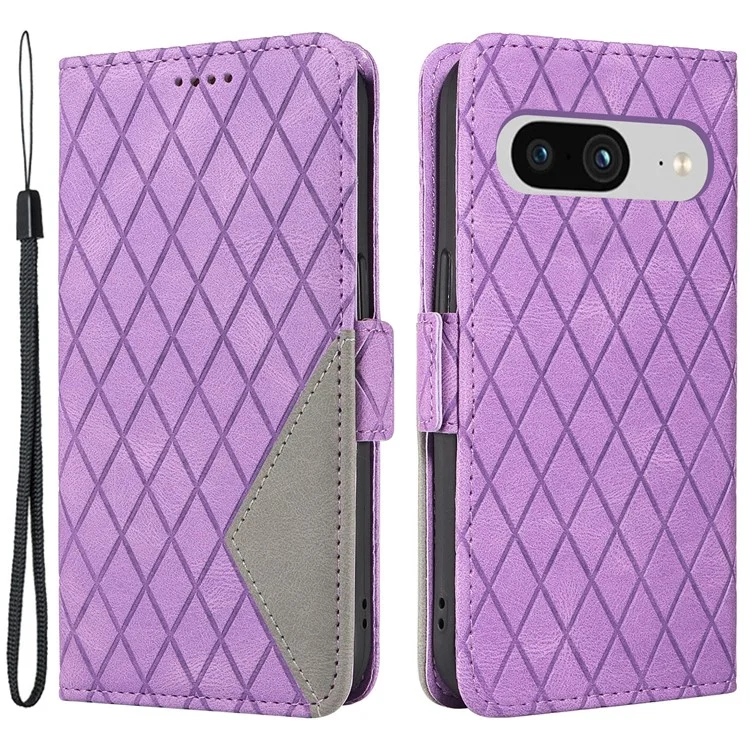 Pour Google Pixel 8 Rhombus Imprinted Phone Wallet Case PU Leather Stand Phone Cover - Pourpre