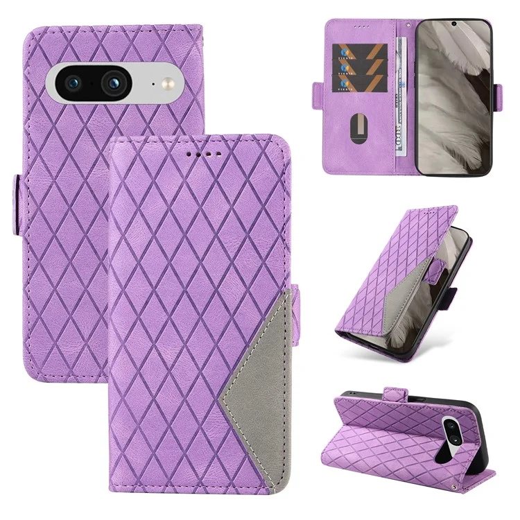 Pour Google Pixel 8 Rhombus Imprinted Phone Wallet Case PU Leather Stand Phone Cover - Pourpre