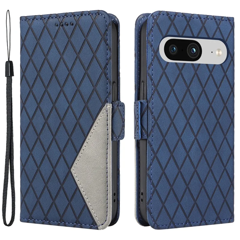 For Google Pixel 8 Rhombus Imprinted Phone Wallet Case PU Leather Stand Phone Cover - Blue