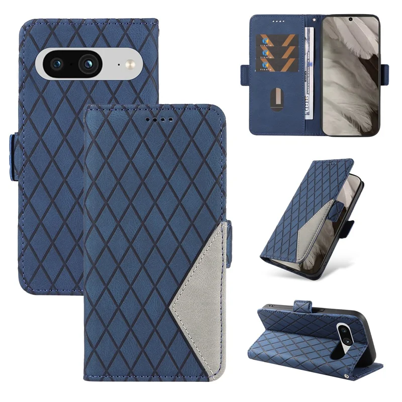 For Google Pixel 8 Rhombus Imprinted Phone Wallet Case PU Leather Stand Phone Cover - Blue