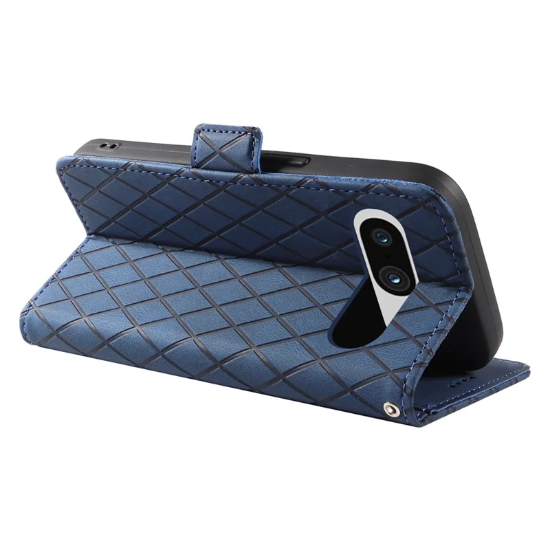 For Google Pixel 8 Rhombus Imprinted Phone Wallet Case PU Leather Stand Phone Cover - Blue