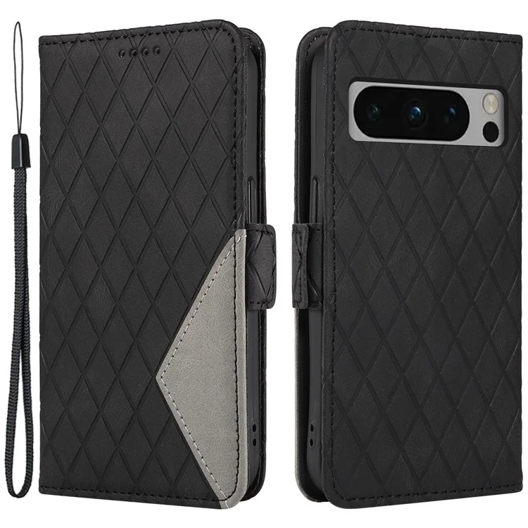 Pour Google Pixel 8 Pro Rhombus Imprinted Phone Case Stand Wallet Leather Phone Cover - Noir
