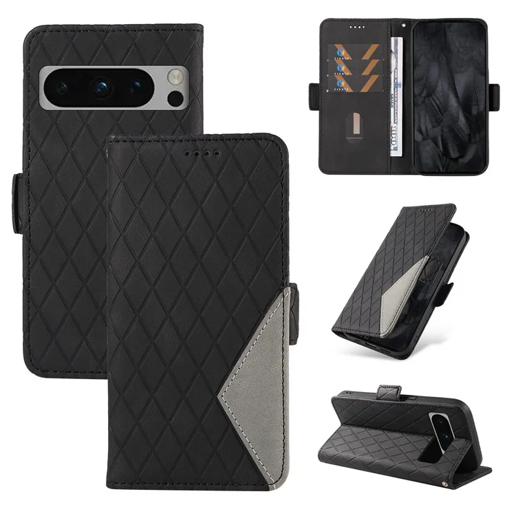 Pour Google Pixel 8 Pro Rhombus Imprinted Phone Case Stand Wallet Leather Phone Cover - Noir
