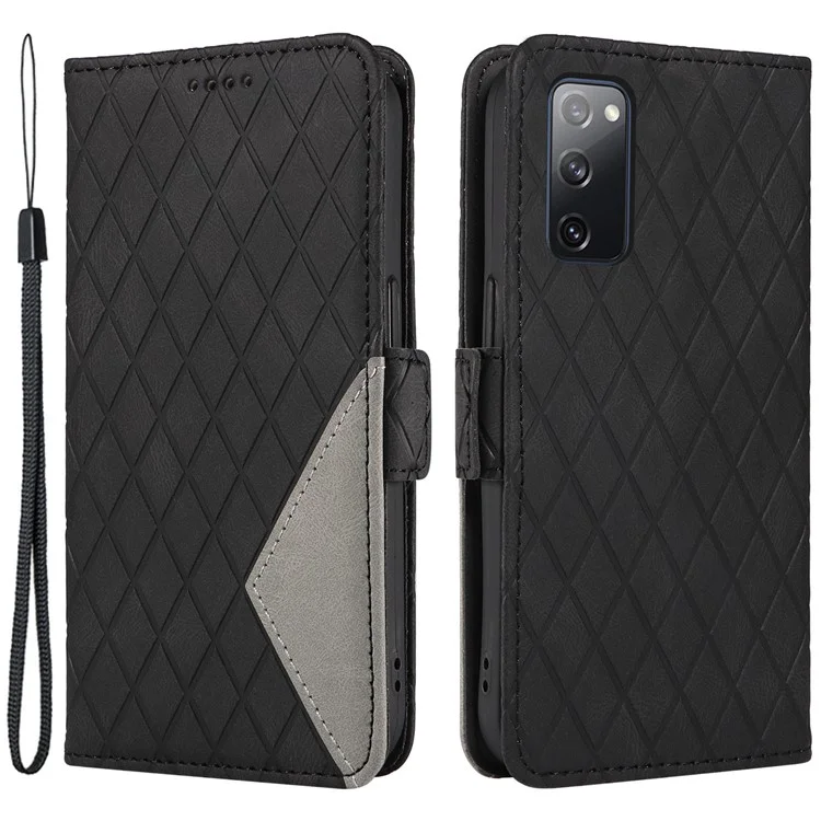 Para Samsung Galaxy S20 FE / S20 FE 5G / S20 FE 2022 / S20 Lite Caso de Couro de Coloração Splitsing Rhombus Imprinted Wallet Stand Phone Cover - Preto