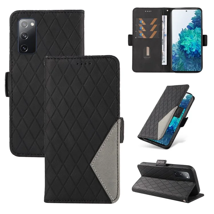 Para Samsung Galaxy S20 FE / S20 FE 5G / S20 FE 2022 / S20 Lite Caso de Couro de Coloração Splitsing Rhombus Imprinted Wallet Stand Phone Cover - Preto