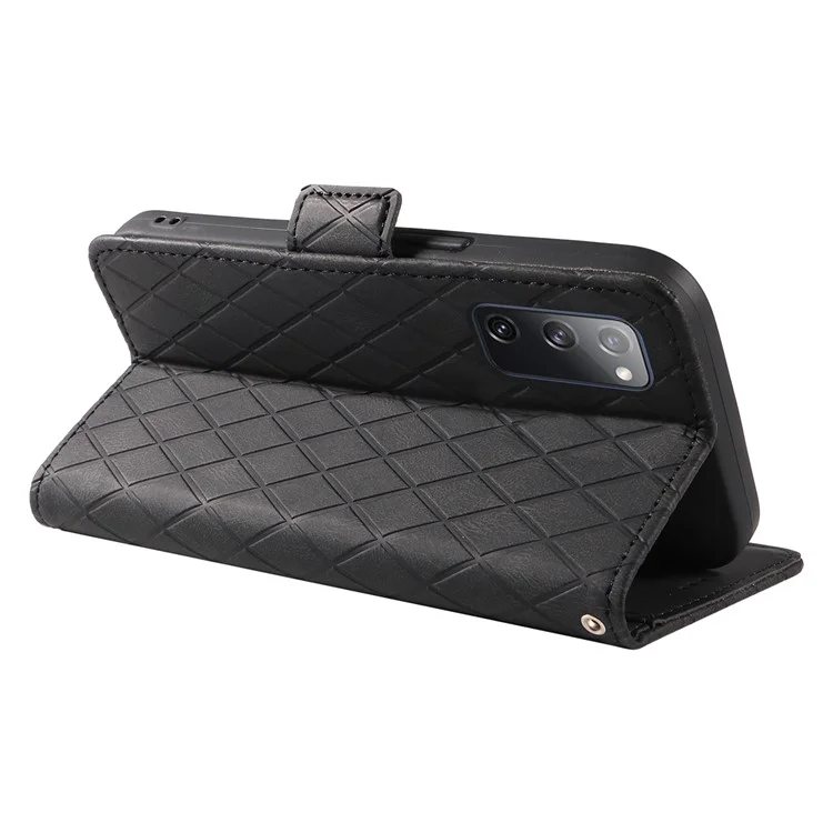 Para Samsung Galaxy S20 FE / S20 FE 5G / S20 FE 2022 / S20 Lite Caso de Couro de Coloração Splitsing Rhombus Imprinted Wallet Stand Phone Cover - Preto