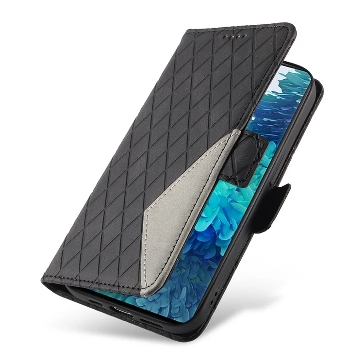 Para Samsung Galaxy S20 FE / S20 FE 5G / S20 FE 2022 / S20 Lite Caso de Couro de Coloração Splitsing Rhombus Imprinted Wallet Stand Phone Cover - Preto