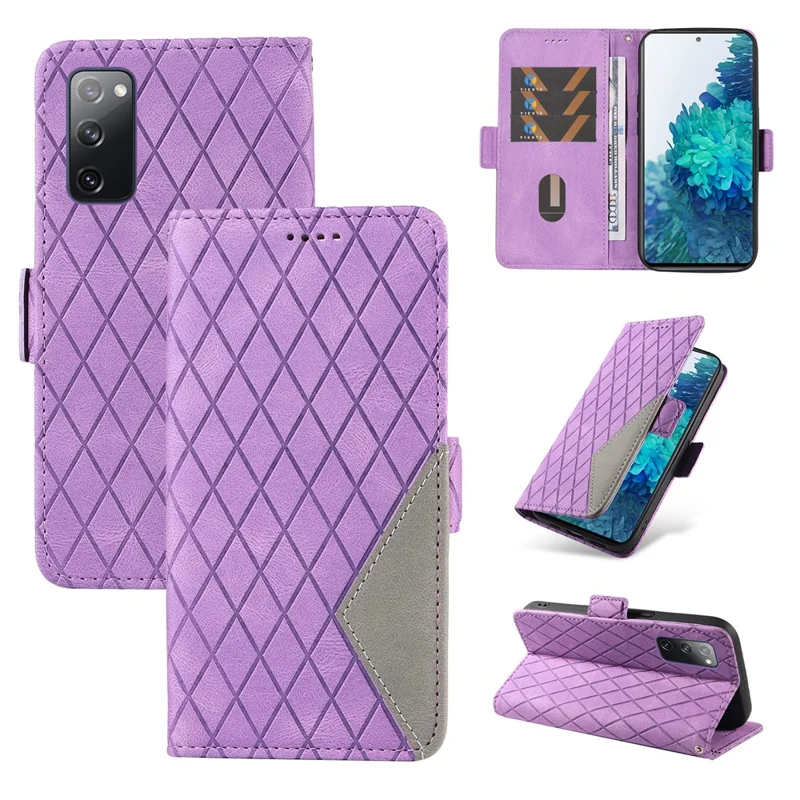 Per Samsung Galaxy S20 FE / S20 FE 5G / S20 FE 2022 / S20 Lite Color Splicing Leather Case Rhombus Imprinted Wallet Stand Phone Cover - Viola