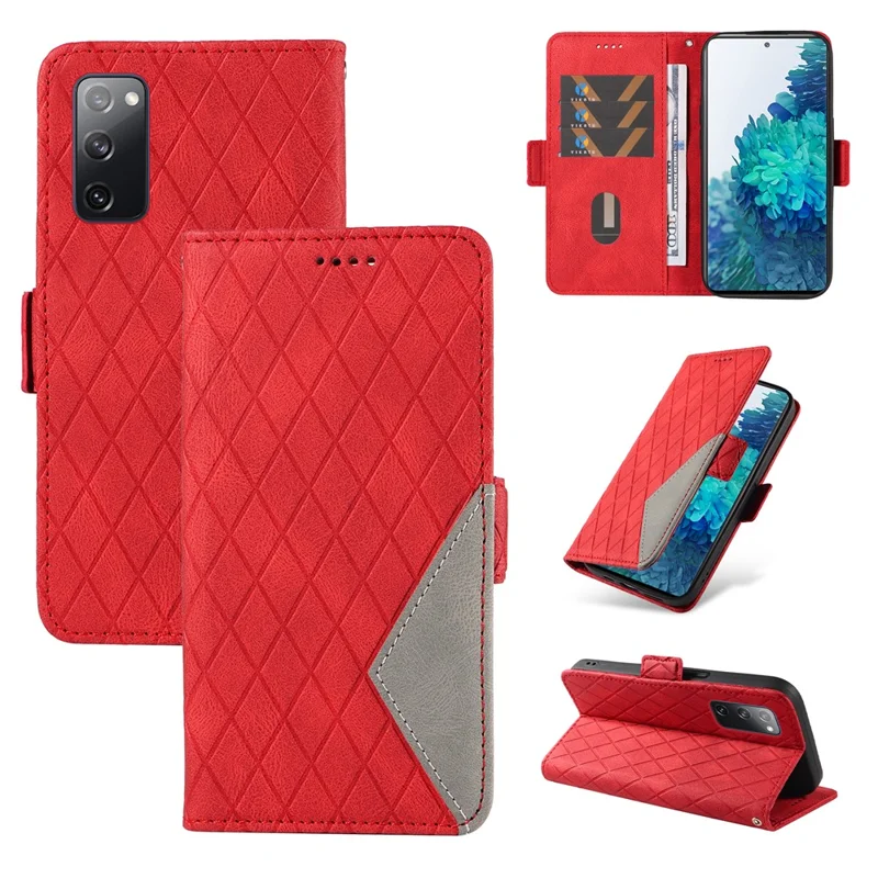 Para Samsung Galaxy S20 FE / S20 FE 5G / S20 FE 2022 / S20 Lite Case de Couro com Cor Splice Estampado Carteira Suporte para Telefone - Vermelho