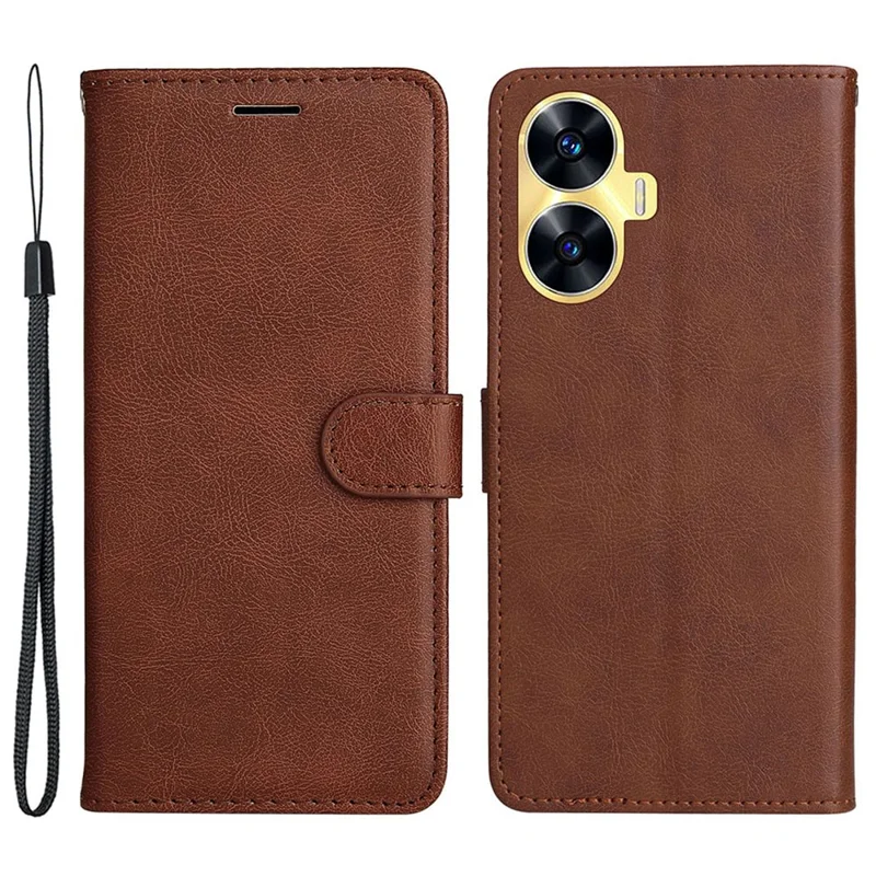 For Realme C55 Case Solid Color Leather Mobile Cover Wallet Stand with Strap - Brown