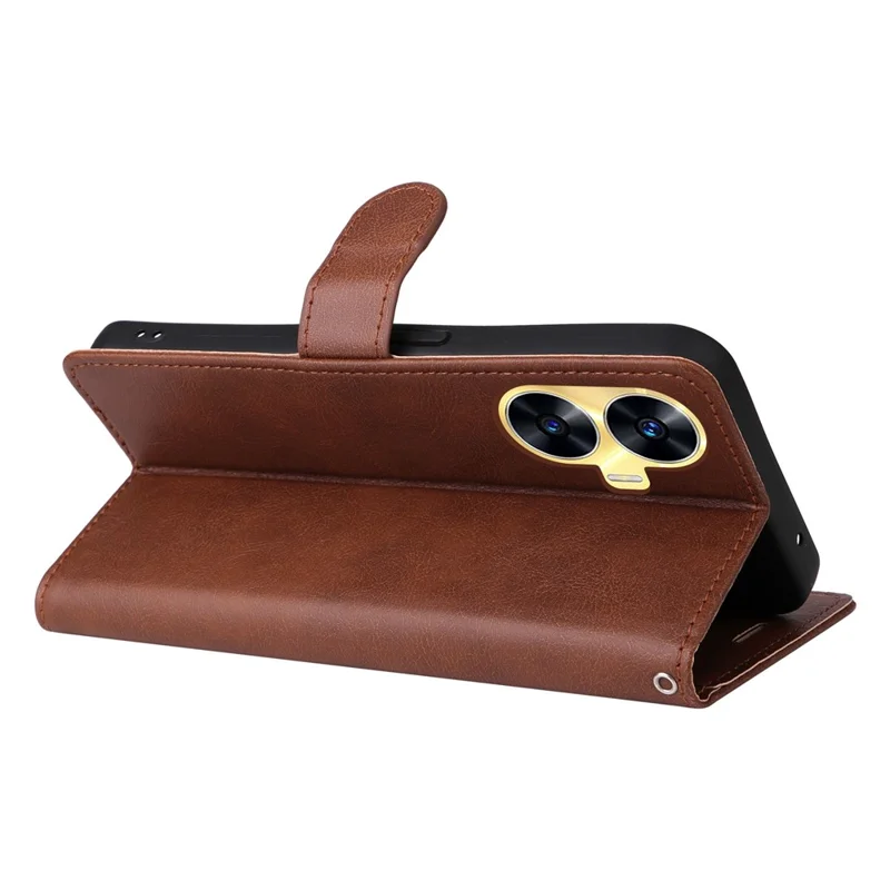 For Realme C55 Case Solid Color Leather Mobile Cover Wallet Stand with Strap - Brown