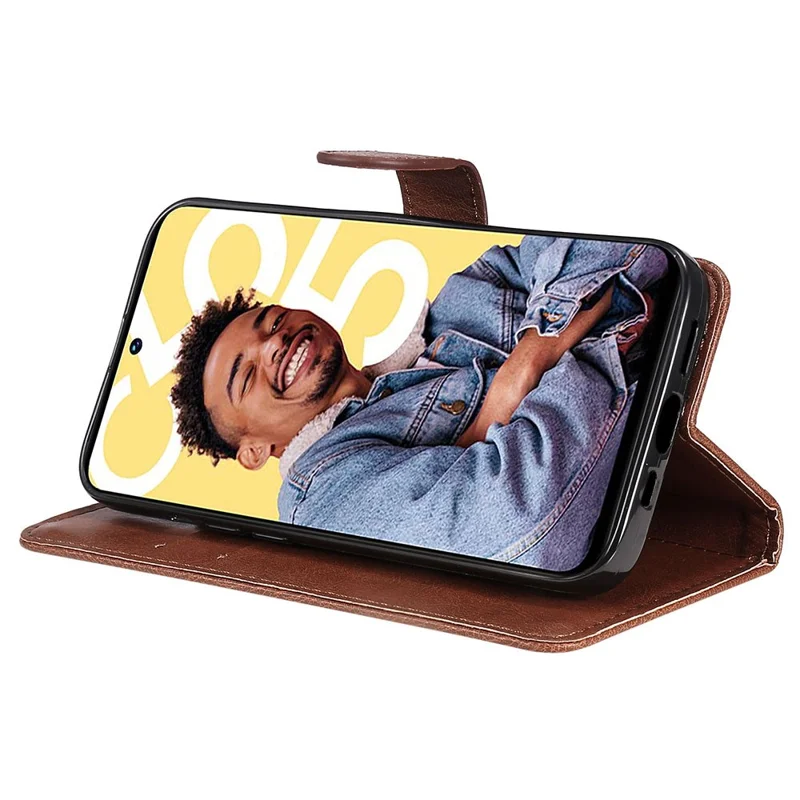 For Realme C55 Case Solid Color Leather Mobile Cover Wallet Stand with Strap - Brown
