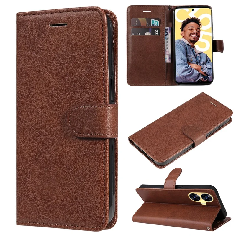 For Realme C55 Case Solid Color Leather Mobile Cover Wallet Stand with Strap - Brown