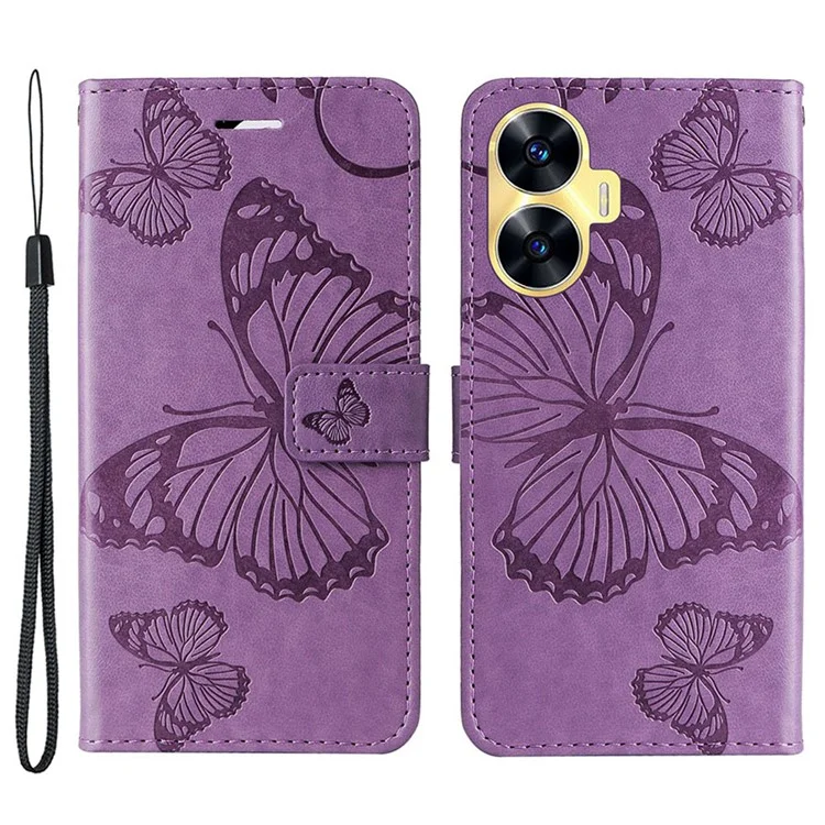 For Realme C55 Wallet Case Floral Butterfly Imprinted Leather Phone Cover Stand - Purple
