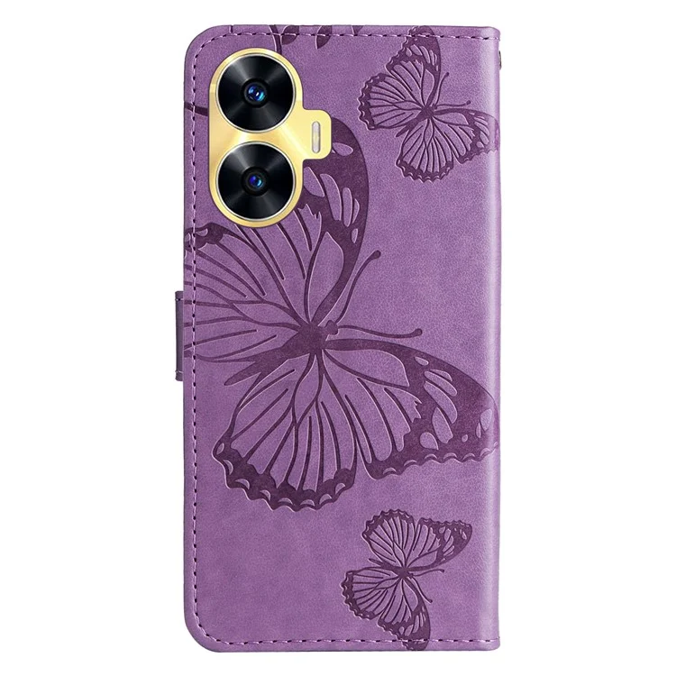 For Realme C55 Wallet Case Floral Butterfly Imprinted Leather Phone Cover Stand - Purple