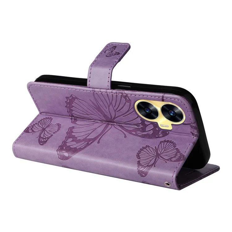 For Realme C55 Wallet Case Floral Butterfly Imprinted Leather Phone Cover Stand - Purple