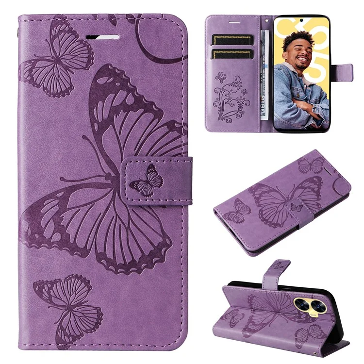 For Realme C55 Wallet Case Floral Butterfly Imprinted Leather Phone Cover Stand - Purple