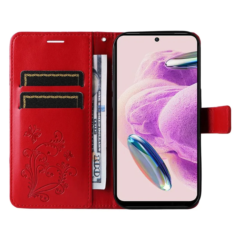 For Xiaomi Redmi Note 12S 4G / Note 11 4G (Qualcomm) / Note 11S 4G Wallet Case Floral Butterfly Imprinted Leather Phone Cover Stand - Red