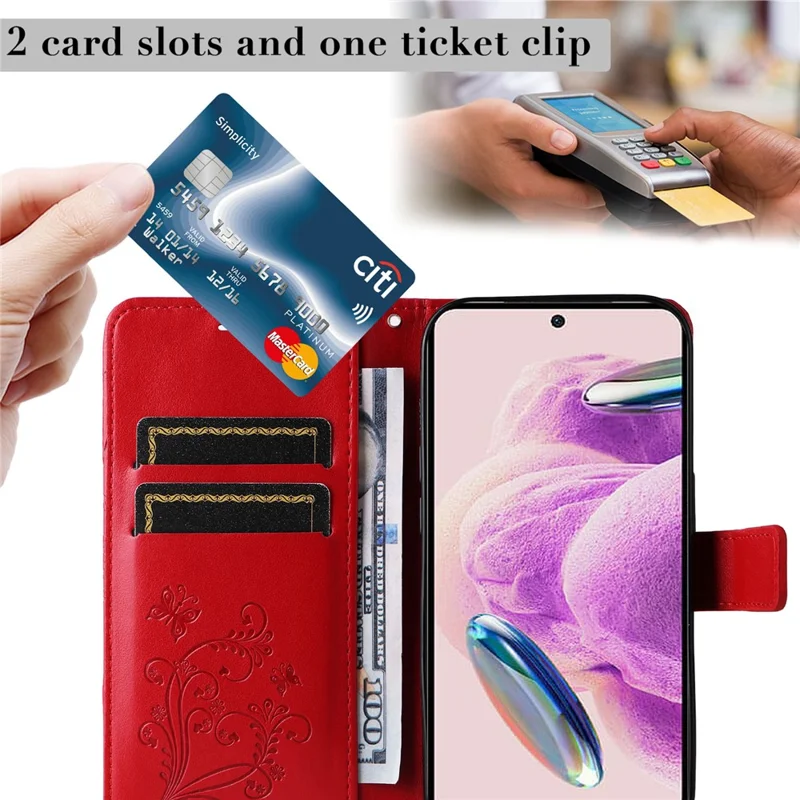 For Xiaomi Redmi Note 12S 4G / Note 11 4G (Qualcomm) / Note 11S 4G Wallet Case Floral Butterfly Imprinted Leather Phone Cover Stand - Red