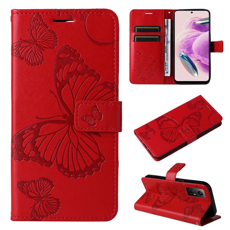 For Xiaomi Redmi Note 12S 4G / Note 11 4G (Qualcomm) / Note 11S 4G Wallet Case Floral Butterfly Imprinted Leather Phone Cover Stand - Red