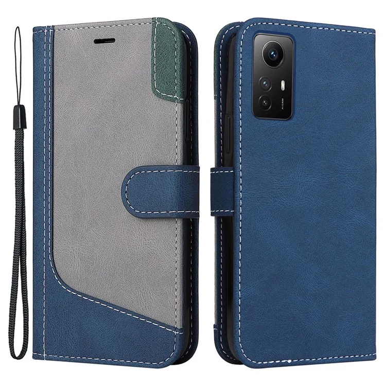 PU Leather Case for Xiaomi Redmi Note 12S 4G / Note 11 4G (Qualcomm) / Note 11S 4G Wallet Stand Three-color Splicing Phone Cover with Wrist Strap - Blue