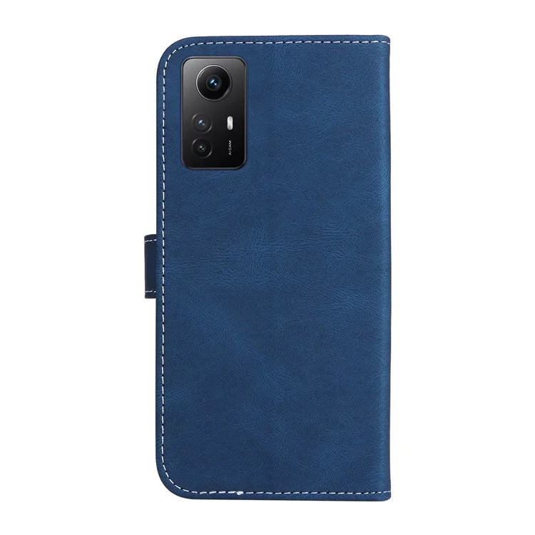 PU Leather Case for Xiaomi Redmi Note 12S 4G / Note 11 4G (Qualcomm) / Note 11S 4G Wallet Stand Three-color Splicing Phone Cover with Wrist Strap - Blue