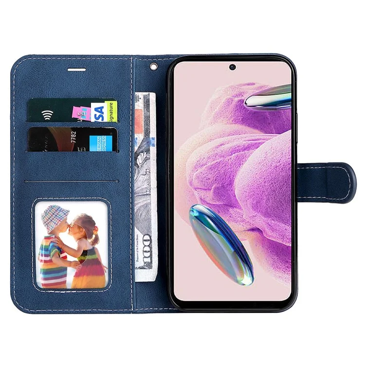 PU Leather Case for Xiaomi Redmi Note 12S 4G / Note 11 4G (Qualcomm) / Note 11S 4G Wallet Stand Three-color Splicing Phone Cover with Wrist Strap - Blue