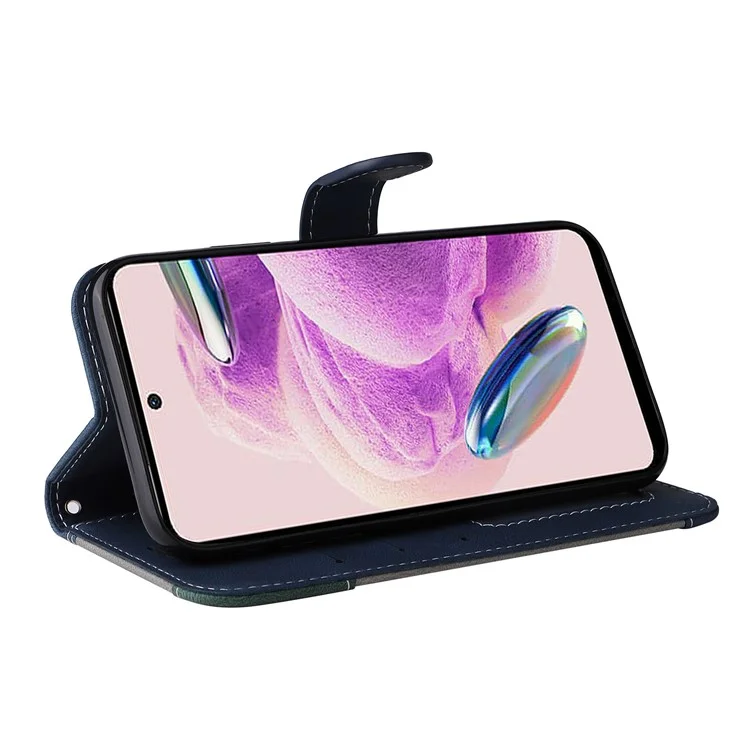PU Leather Case for Xiaomi Redmi Note 12S 4G / Note 11 4G (Qualcomm) / Note 11S 4G Wallet Stand Three-color Splicing Phone Cover with Wrist Strap - Blue