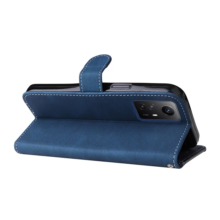PU Leather Case for Xiaomi Redmi Note 12S 4G / Note 11 4G (Qualcomm) / Note 11S 4G Wallet Stand Three-color Splicing Phone Cover with Wrist Strap - Blue