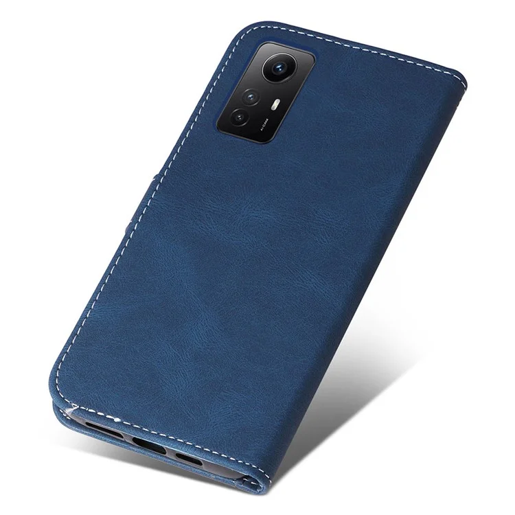 PU Leather Case for Xiaomi Redmi Note 12S 4G / Note 11 4G (Qualcomm) / Note 11S 4G Wallet Stand Three-color Splicing Phone Cover with Wrist Strap - Blue