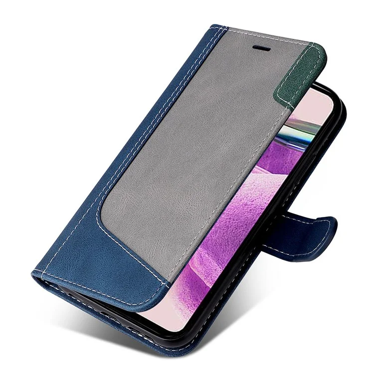 PU Leather Case for Xiaomi Redmi Note 12S 4G / Note 11 4G (Qualcomm) / Note 11S 4G Wallet Stand Three-color Splicing Phone Cover with Wrist Strap - Blue