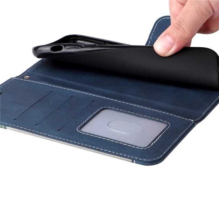 PU Leather Case for Xiaomi Redmi Note 12S 4G / Note 11 4G (Qualcomm) / Note 11S 4G Wallet Stand Three-color Splicing Phone Cover with Wrist Strap - Blue