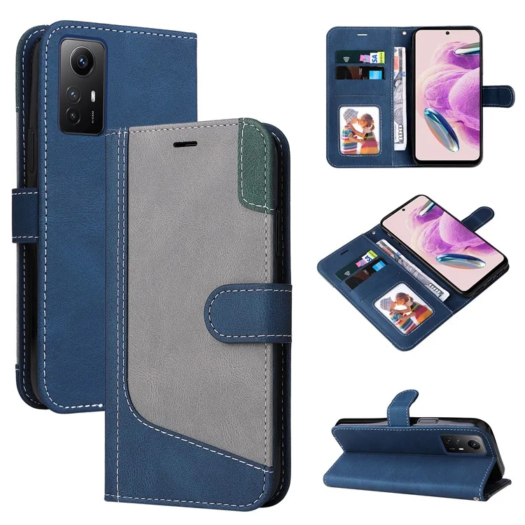PU Leather Case for Xiaomi Redmi Note 12S 4G / Note 11 4G (Qualcomm) / Note 11S 4G Wallet Stand Three-color Splicing Phone Cover with Wrist Strap - Blue