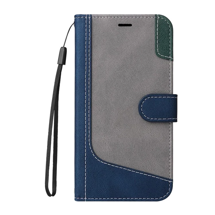 PU Leather Case for Xiaomi Redmi Note 12S 4G / Note 11 4G (Qualcomm) / Note 11S 4G Wallet Stand Three-color Splicing Phone Cover with Wrist Strap - Blue