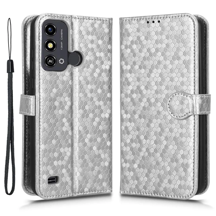Phone Case for ZTE Blade A53 , Wallet Stand Dot Imprinted Anti-Scratch PU Leather Phone Cover - Silver