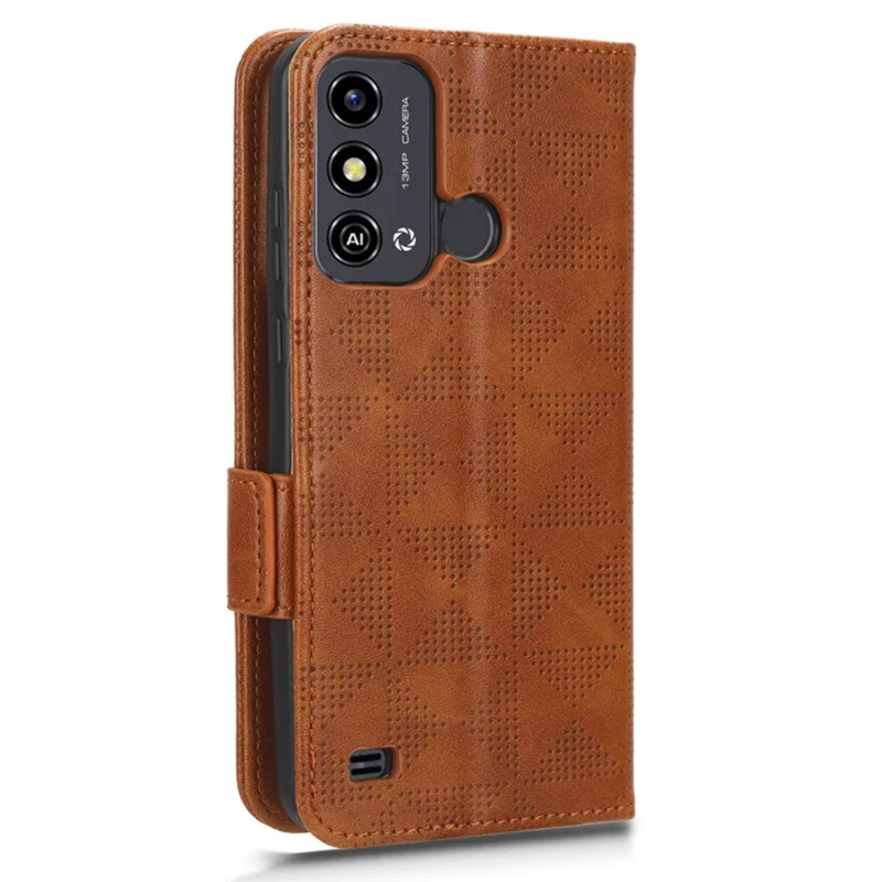 Stand Shell til ZTE Blade A53 med indpræget trekantmønster, PU-læder, wallet-case - Brun
