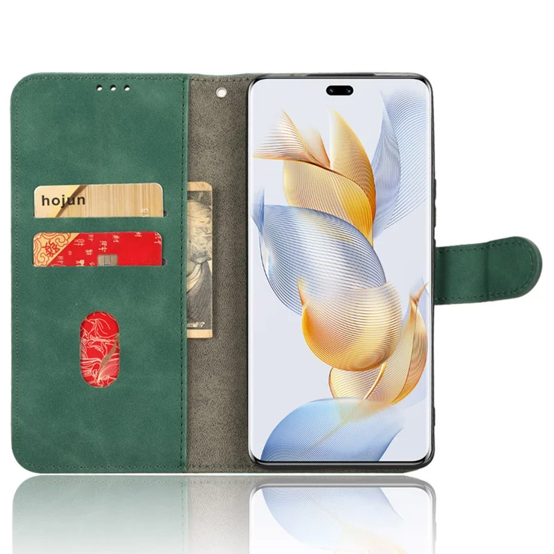 For Honor 90 Skin-touch Feeling PU Leather Phone Shell Wallet Cover Folding Stand Flip Phone Case - Green