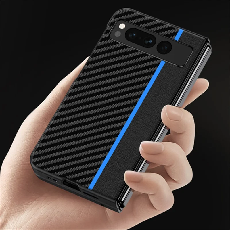 For Google Pixel Fold PU Leather + PC Phone Case Carbon Fiber Texture Ultra Thin Matte Cover - Splicing Blue