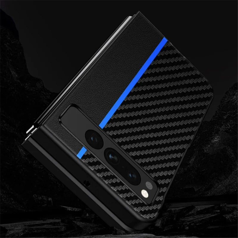 For Google Pixel Fold PU Leather + PC Phone Case Carbon Fiber Texture Ultra Thin Matte Cover - Splicing Blue